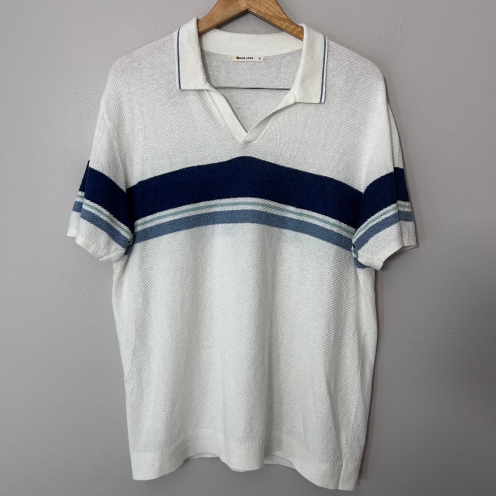 Marine Layer Conrad Polo Sweater Mens XL White Blue Striped Textured Knit Cotton